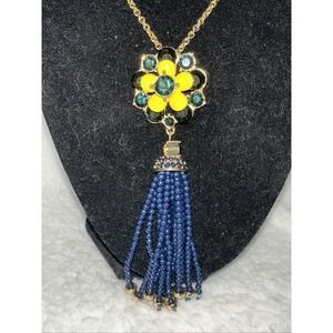 Vintage Talbots Necklace  Yellow flower long necklace Blue Bead Tassel